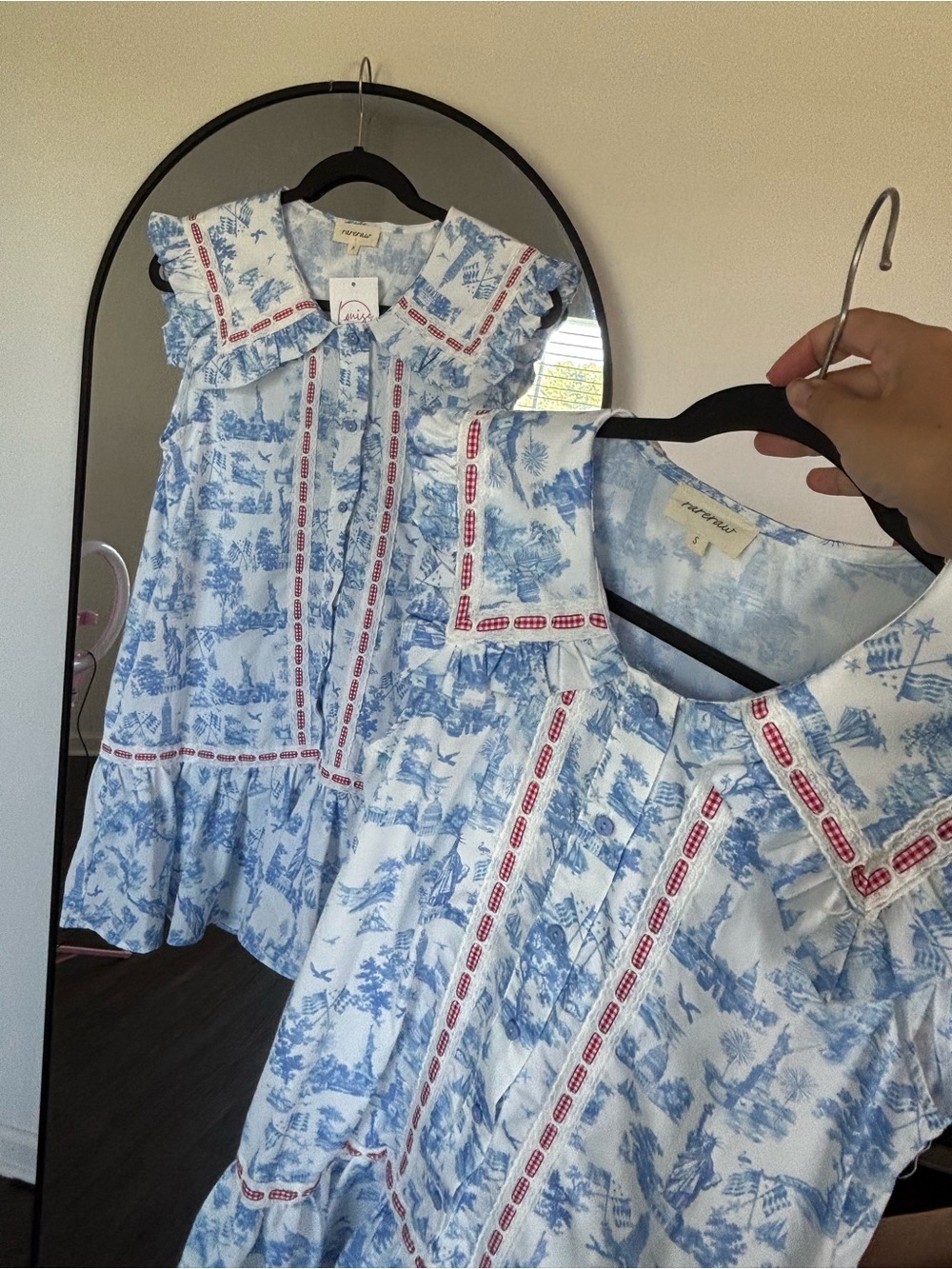 Blue & White Toile Mini Dress with Red Trim